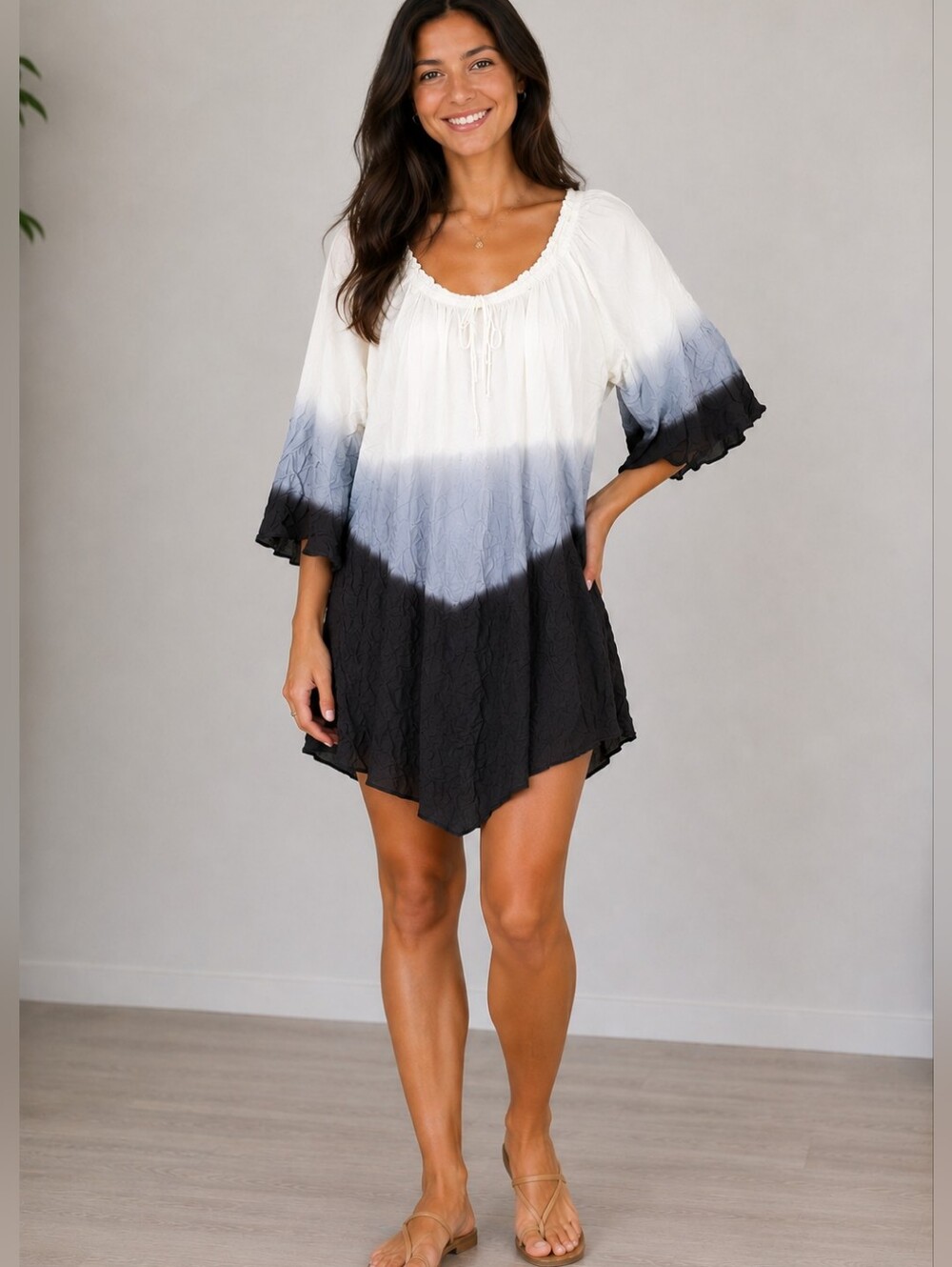 Seven Islands NWT Medium Ombré Boho Mini Dress White  White, Gray, Black